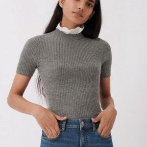 Maje Mouthy Short Sleeved Rib Knit Sweater with Lace Collar size 3